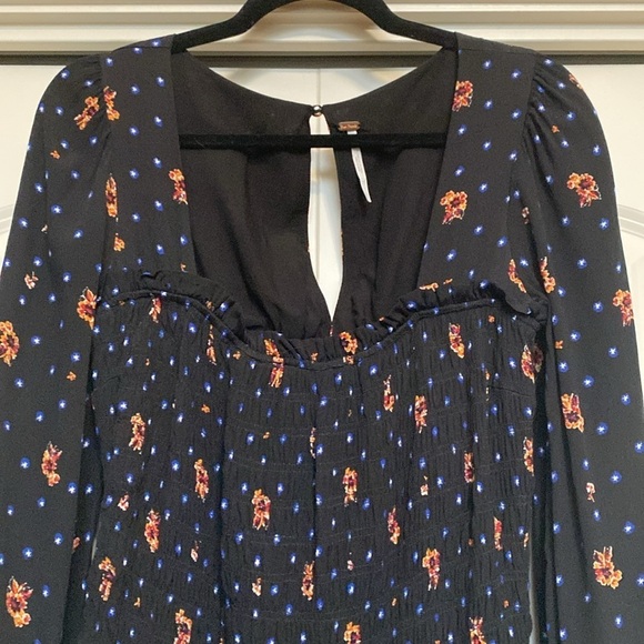 Free People Two Faces Smocked mini Dress Womens S Floral Stars square neck flowy - Picture 7 of 14